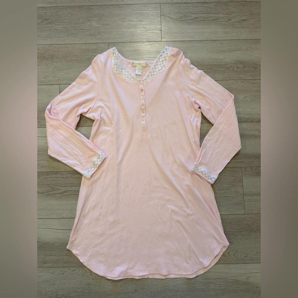 Eileen West Short Nightgown Sz Large Pink Soft Cotton White Lace Henley Pajamas